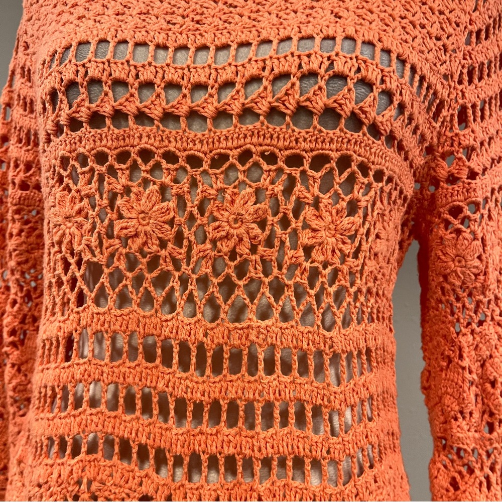 DressBarn Orange Crochet floral Sweater bohemian cottagecore style - Picture 3 of 13